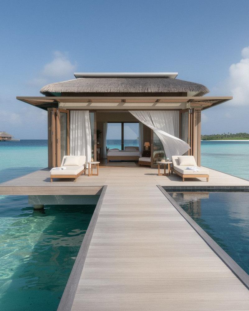 Luxury resort villa over clear lagoon water