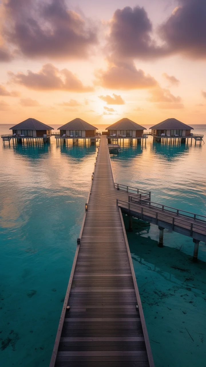 Overwater villas above a calm lagoon at sunset